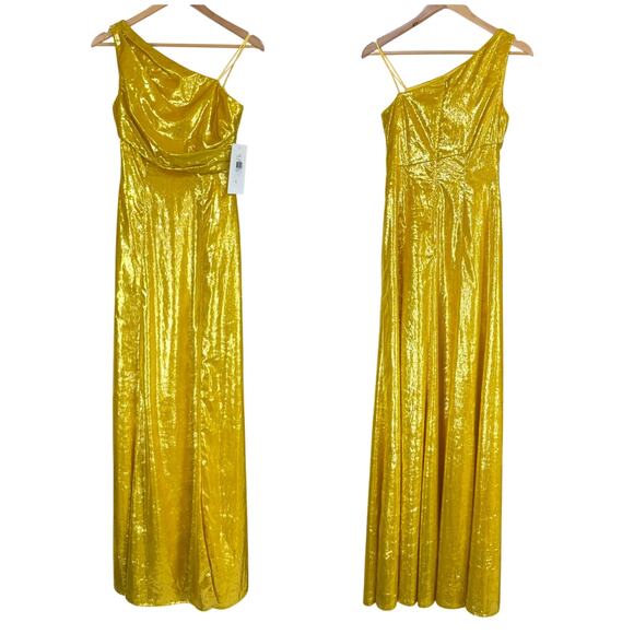 Theia NWT One Shoulder Fuzzy Texture Gold Maxi Gown Size 4 *Sample Dress* - Picture 1 of 9